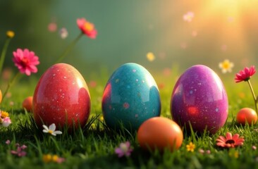 Vibrant assortment of painted eggs in various hues resting on soft grass, accented with cheerful flowers. This delightful scene embodies spirit of Easter and springtime joy, great for card designs.