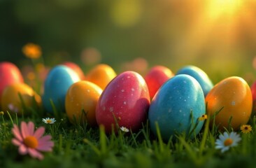 Eye catching display of decorated Easter eggs scattered among fresh green grass, colorful daisy flowers, creating enchanting atmosphere of spring holidays. Perfect illustration for festive greetings.
