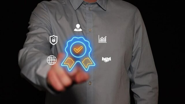 Product Quality concept, a product that is well-made, reliable, and performs as expected. Businessman shows glowing neon line of parcel icon inside ribbon on virtual screen. 4K.