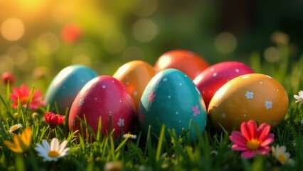 Vibrant assortment of painted eggs in various hues resting on soft grass, accented with cheerful flowers. This delightful scene embodies spirit of Easter and springtime joy, great for card designs.