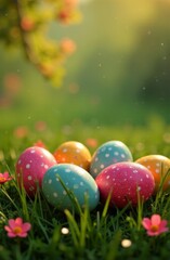 Eye catching display of decorated Easter eggs scattered among fresh green grass, colorful daisy flowers, creating enchanting atmosphere of spring holidays. Perfect illustration for festive greetings.