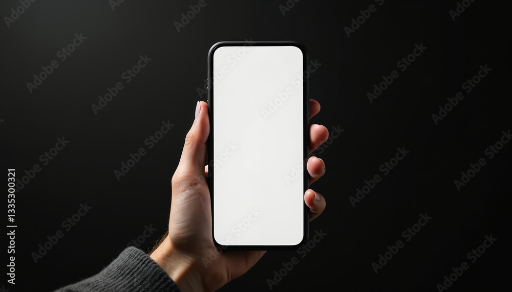 Aufkleber Hand holds modern frameless smartphone with white screen for mockup. Solid black background. Device used for communication, mobile app demo, business entertainment. Wireless portable gadget for