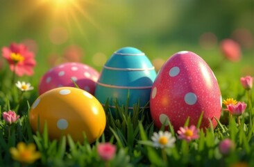 Colorful collection of Easter eggs nestled in lush green grass, surrounded by delicate daisies, vibrant flowers, capturing joyful essence of spring, holiday celebrations. Perfect for greeting cards.