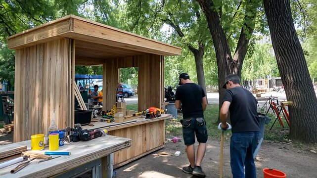 Construction of a wooden kiosk in a park, with workers collaborating and tools scattered around