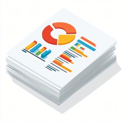 Colorful Isometric Flat Icon of Document with Graph Elements on Stack of Papers
