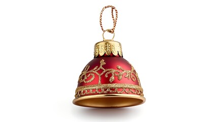 A decorative red and gold Christmas bell ornament with intricate designs.