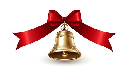 A golden bell adorned with a red ribbon, often used for festive decorations.