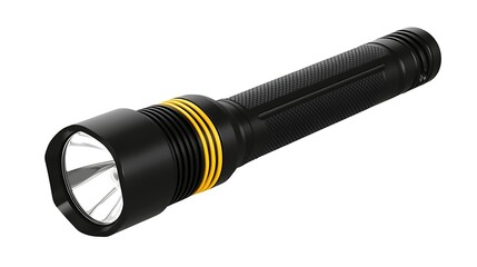 A sleek black flashlight with a yellow accent, designed for illumination in dark spaces.