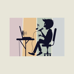 Silhouette of a person with a microphone and laptop on a desk, colorful striped background