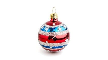 A shiny red and blue Christmas ornament with snowflake designs, perfect for holiday decorations.