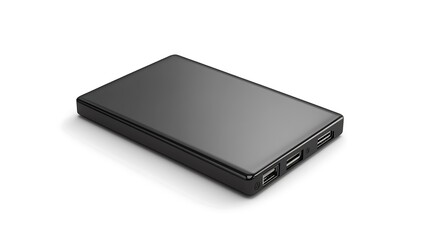 A sleek black power bank with multiple USB ports for charging devices.