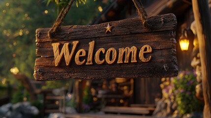 Rustic Wooden Welcome Sign Hanging on Log Cabin Exterior