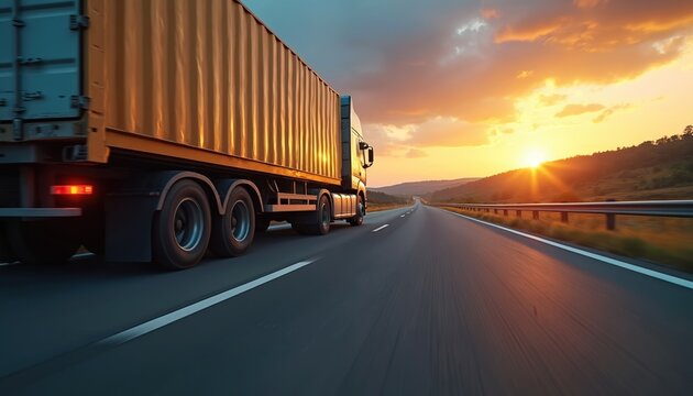 Cargo truck drives on highway at sunset. Delivery vehicle transports goods, logistics, shipment. Trucking industry ensures trade, commerce. Ground level side view shows motion, speed, route, haulage