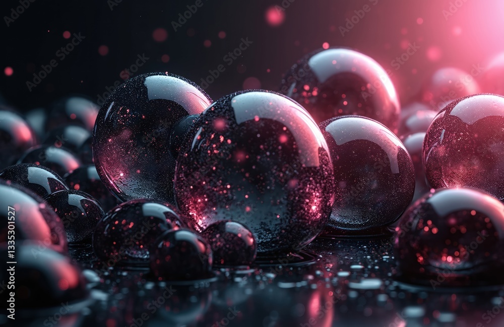 Aufkleber abstract background of black shiny soap bubbles with pink sparkles. decorative realistic horizontal 