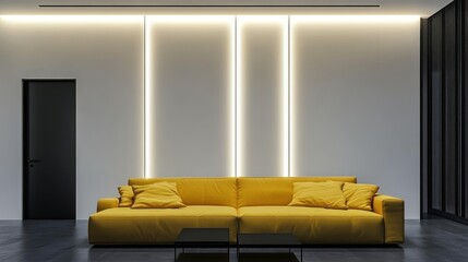 Modern yellow sofa in minimalist living room, LED lighting, night scene, interior design