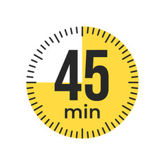 45 or forty five minute Timer, clock, stopwatch isolated icons. Countdown timer symbol. Label cooking time. Minute timer, Time measure, Chronometer, Alarm, Kitchen timer, label, sticker, stamp. Vector