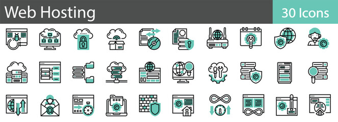 Web Hosting Line Icons Set. Collection of 30 outline icons representing web hosting concepts, servers, domains, and online infrastructure. Editable stroke vector illustration.
