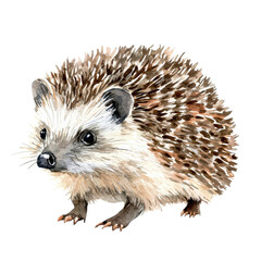 Fototapeta premium Watercolor painting of hedgehog isolated on transparency background and side view, animal look so curious and bit shy