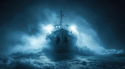 Ship battling stormy ocean at night