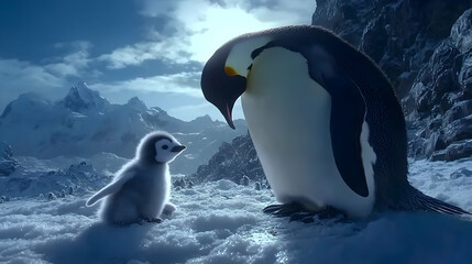 Obraz premium A magnificent emperor penguin and its young, standing on Antarctica's snow-covered landscape