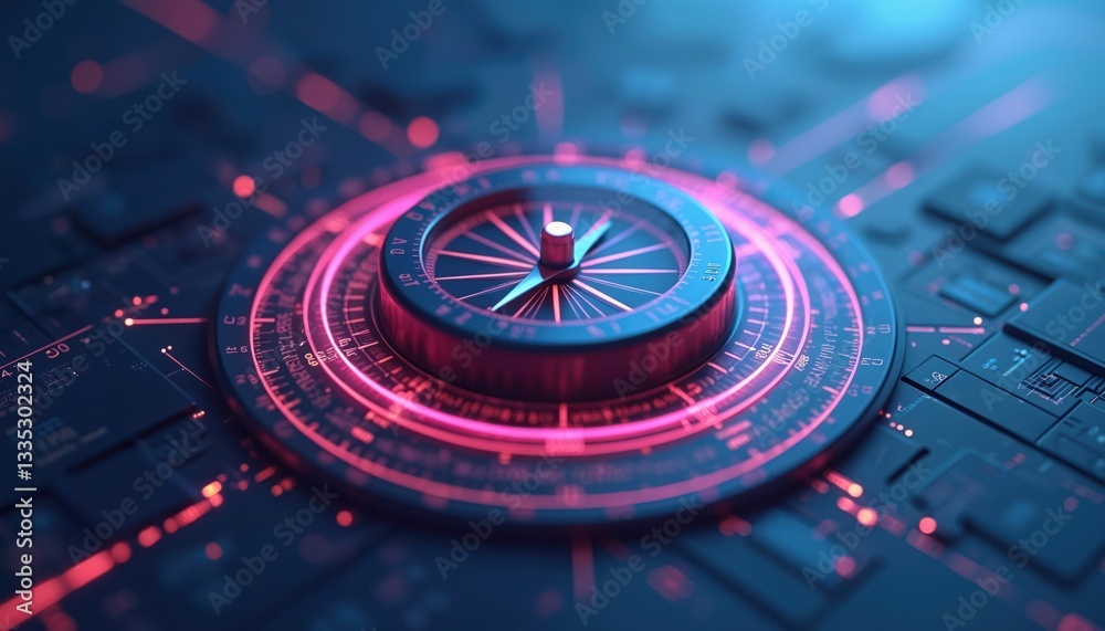Aufkleber Sleek digital compass with blue, red neon glows set against electronic circuit. Symbolizes advanced online data transport, showcasing modernized navigation in digital age. Futuristic technology style.