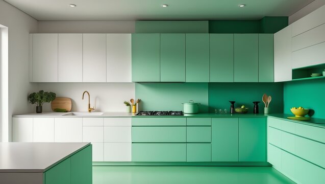 Aesthetic gradient white to green themed kitchen interior concept