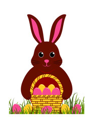 easter bunny with basket of easter eggs in grass isolated on white background