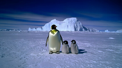 A magnificent emperor penguin and its young, standing on Antarctica's snow-covered landscape
