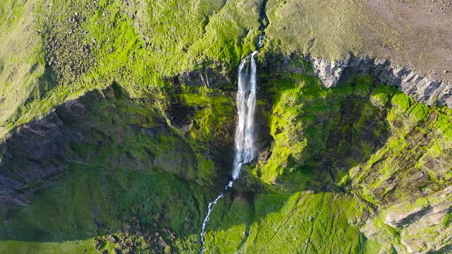 Aerial view of unnamed waterfalls Waterfalls caused by melting ice, along the Ring Road in the southern of Iceland.