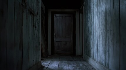 Dark Wooden Door in a Creepy Abandoned House Corridor with Mysterious Atmosphere