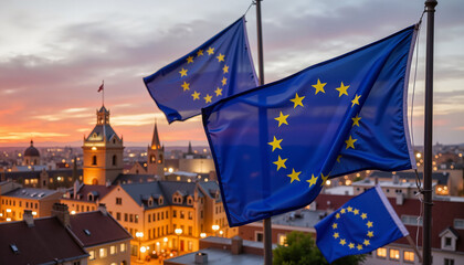 Vibrant EU flags waving against sunset cityscape, celebration of unity