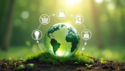 Green planet Earth globe on grass with recycling icons around. Circular economy concept of sharing, reusing, repairing, renovating, recycling materials, products, reduce consumption, protect