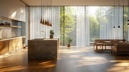 Fototapeta premium A contemporary open-concept kitchen and living room with soft natural light streaming through large windows