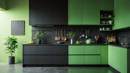 Aesthetic gradient black to green themed kitchen interior concept