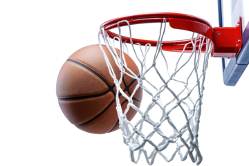 The basketball is going through the basketball hoop and net to score a point.