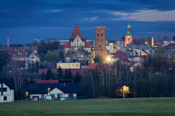 Evening skyline of Sroda Slaska (Neumarkt in Schlesien) at dusk, Lower Silesia, Poland