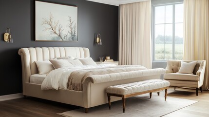 A cozy bedroom with a beige velvet bed frame, featuring a soft cream headboard and footboard