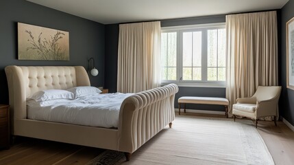 A cozy bedroom with a beige velvet bed frame, featuring a soft cream headboard and footboard
