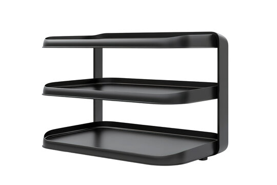 A black minimalist three-tiered storage unit with curved edges, perfect for displaying or organizing items.
