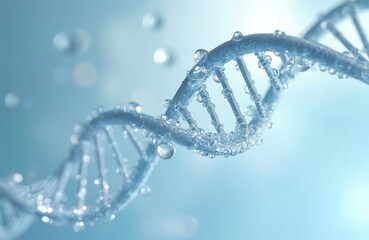 Closeup of DNA chain with water drops on light blue background. Creative concept for moisturizing cosmetics, hyaluronic acid, intensive hydration. 3d render for biochemistry, cosmetology.