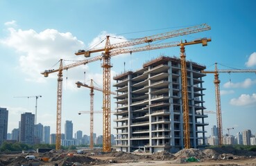 Construction site with cranes against blue sky. Multi-storey building under construction. Urban landscape features modern architecture, houses, construction equipment. Real estate market, property