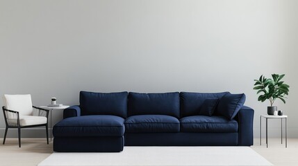 A cozy minimalist living room with a deep navy blue oversized sofa, complemented by a matching armchair and side table