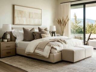 Fototapeta premium An elegantly decorated bedroom showcasing sophisticated furnishings and neutral color schemes
