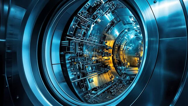 Detailed view of a futuristic reactor chamber with complex piping and lighting