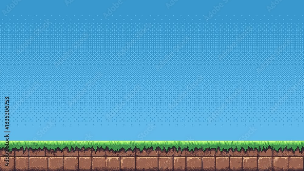 Poster game level side scrolling scene. 8-bit pixel art background. video game template. blue sky and a flat ground. empty field. side view.