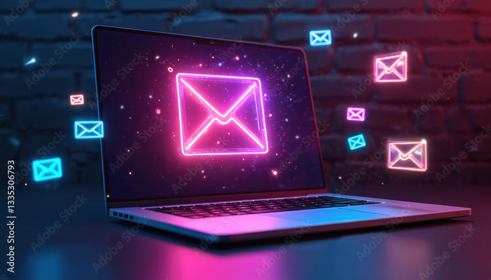 Aufkleber 3d render laptop with neon glowing envelopes for email marketing concept. digital communication on c