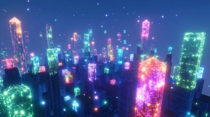 A 3D visualization of a blockchain-driven metaverse city