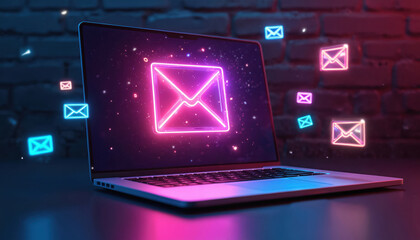 3D render laptop with neon glowing envelopes for email marketing concept. Digital communication on computer with electronic message icons for business advertising, online campaign, strategy