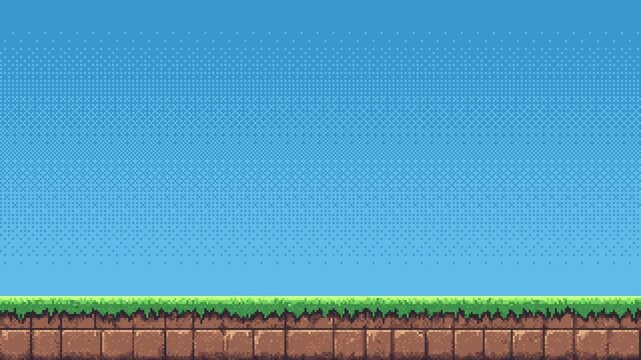 game level side scrolling scene. 8-bit pixel art background. video game template. blue sky and a flat ground. empty field. side view.