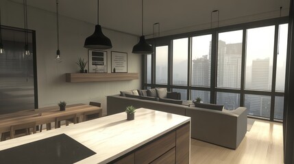 A cozy, modern open-concept space with large windows letting in soft natural light